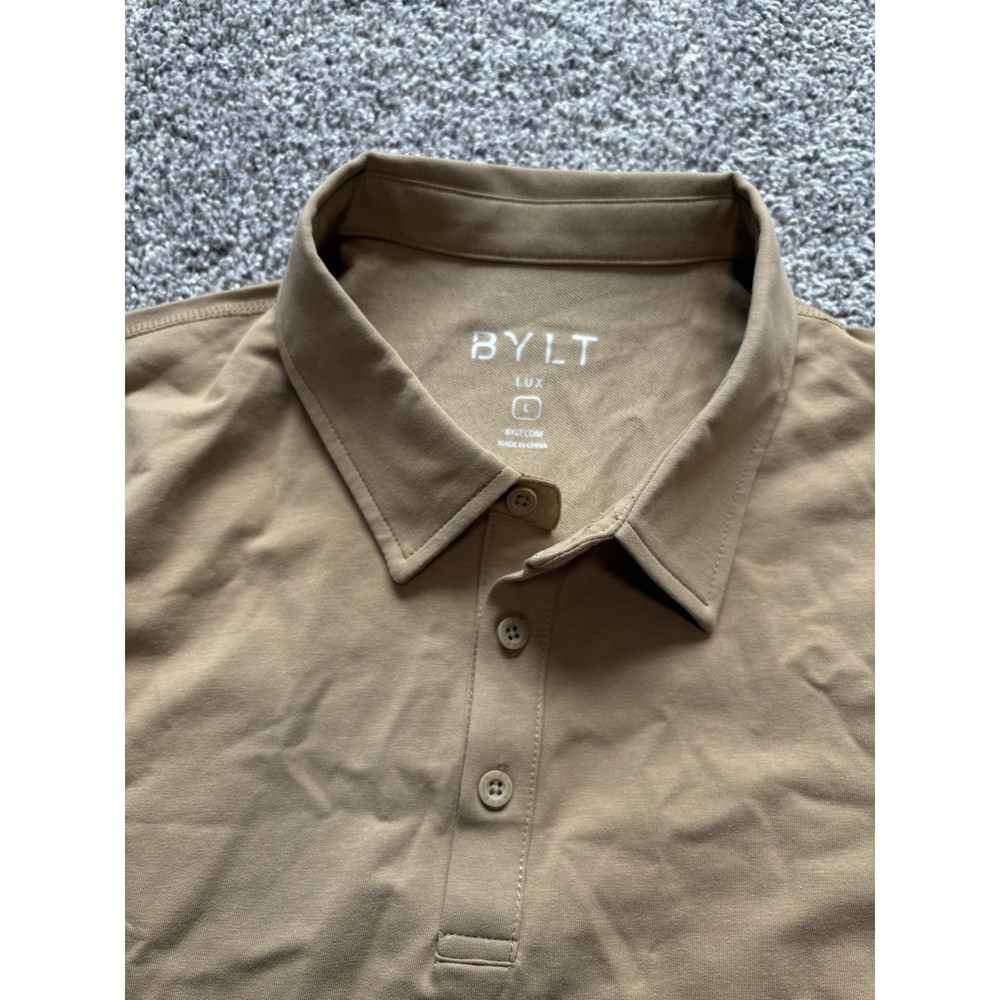 BYLT Lux Polo Shirt Mens Large Tan Khaki Short Sleeve Drop Cut Athletic Fit